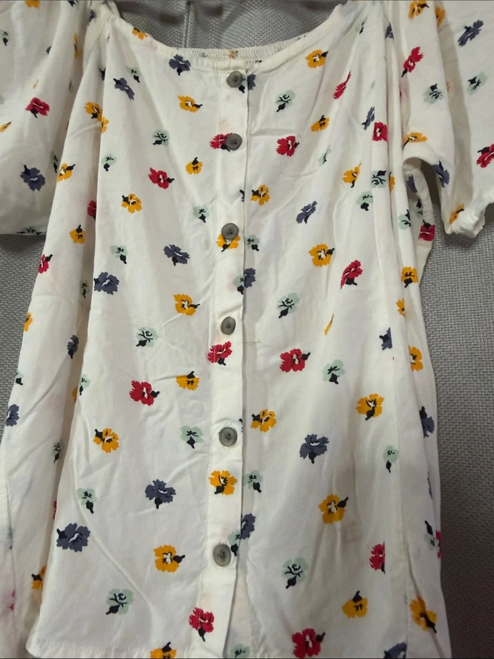 Madewell White Floral Button-Front Puff Sleeve Smocked Top